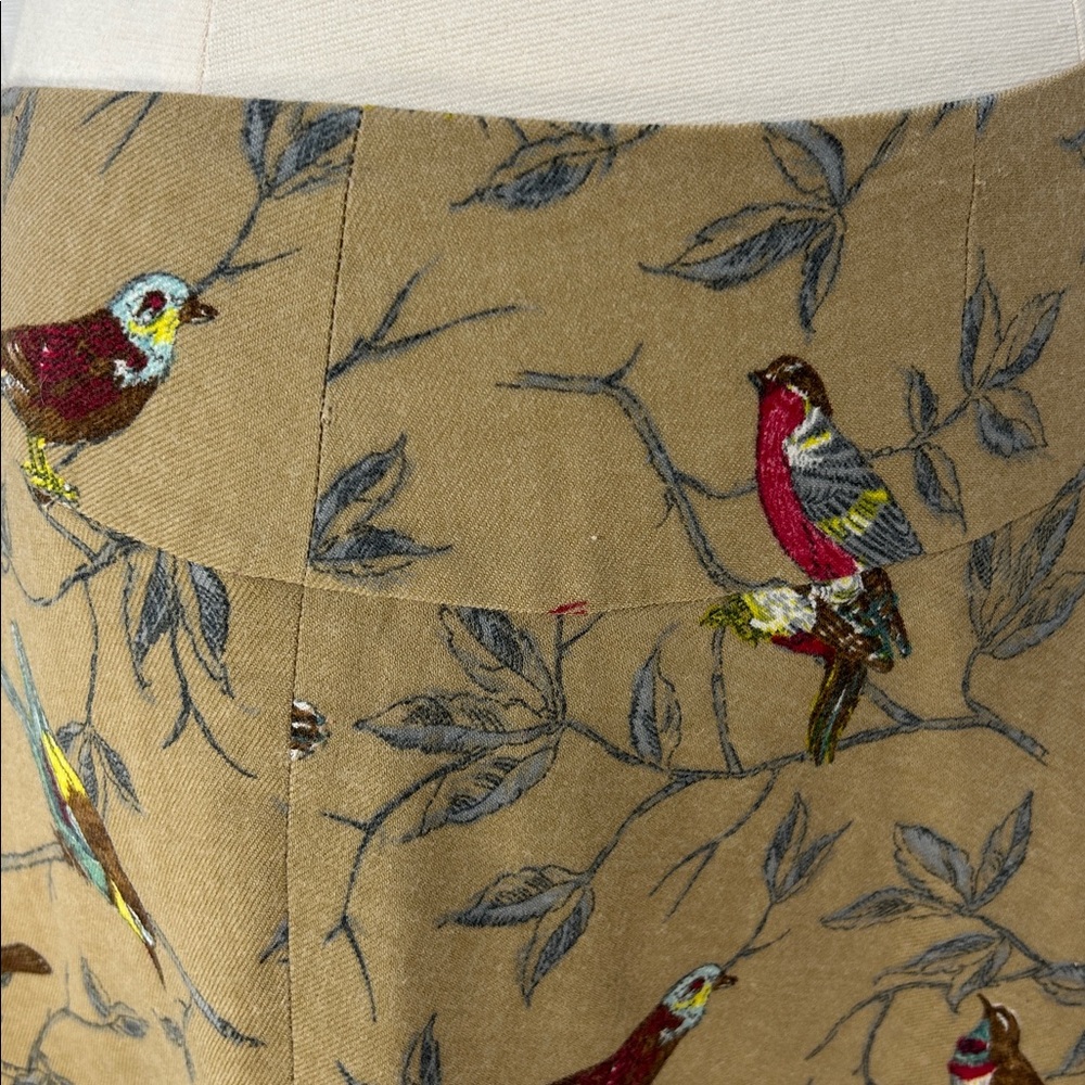 Anthropologie Elevenses Wool A-Line Skirt with Bird Print, tan, gray, red. - Picture 7 of 10